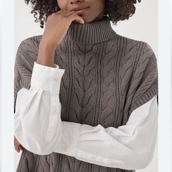 PACT Cable Knit Poncho Pullover Organic Cotton Turtleneck Sweater Fisherman Gray - Picture 7 of 10